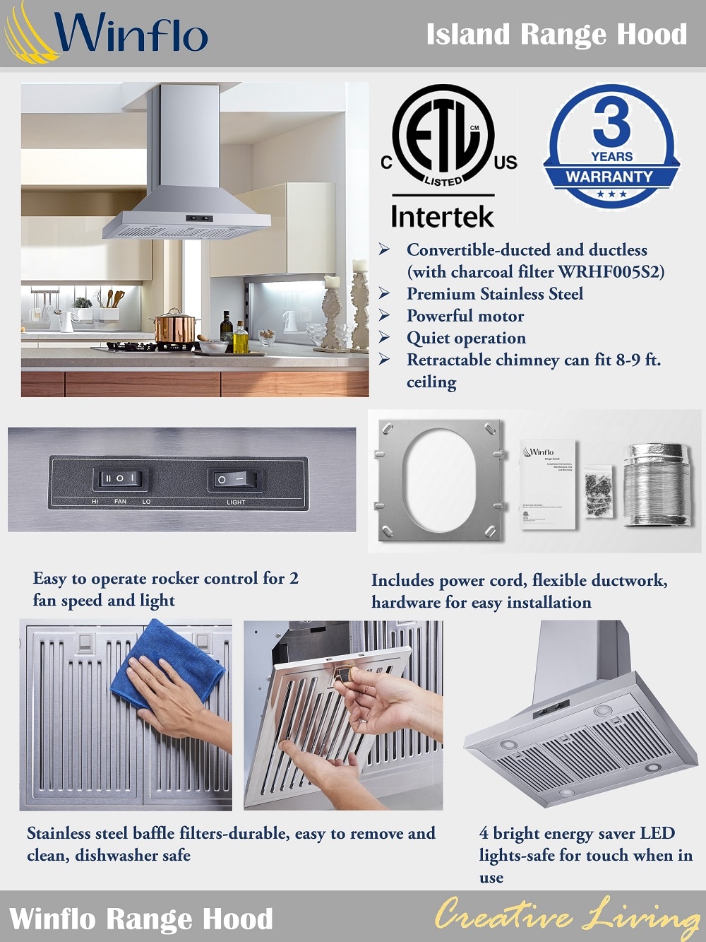 Winflo 30 in. Convertible Island Mount Range Hood in Stainless Steel